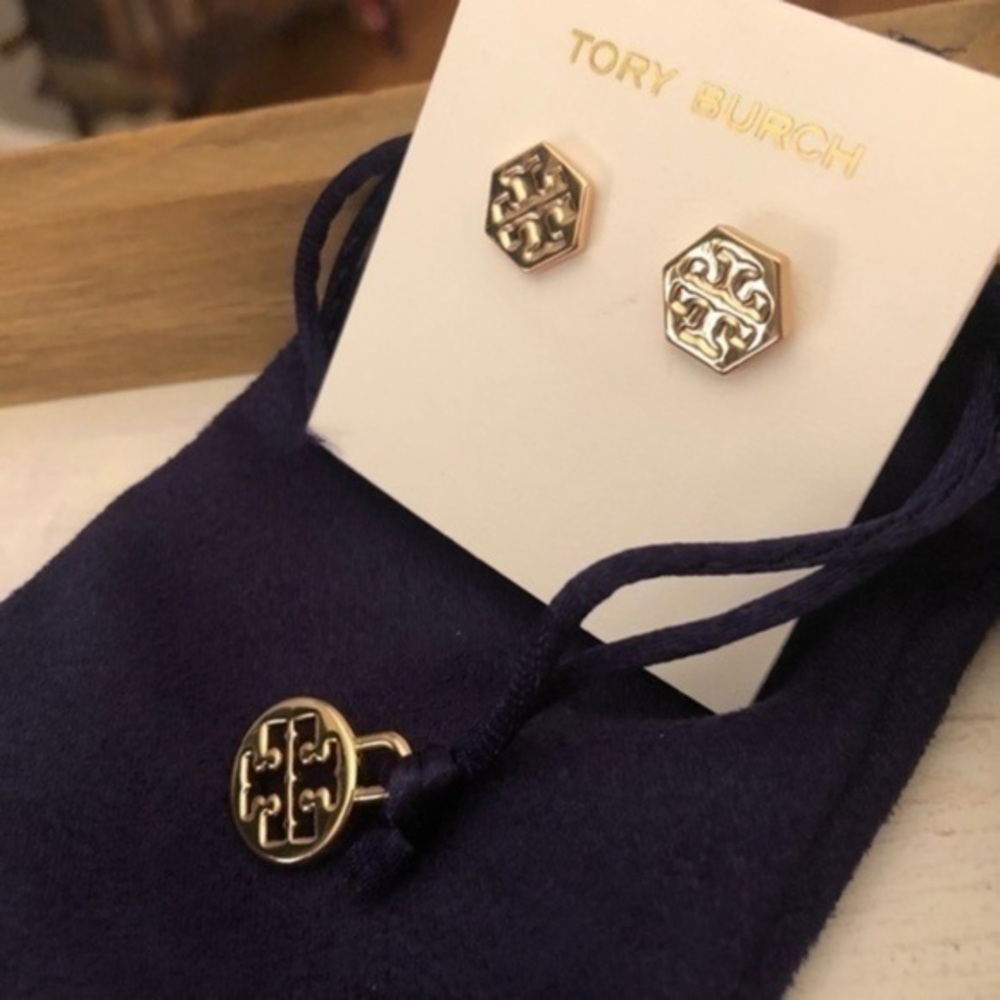 Tory Burch Gold Logo Stud Earrings | Hexagon Emblem | Gold NWT